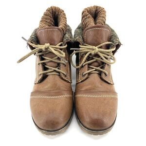 Womens Brown Lace Up Ankle Boots Knit Cuff Faux Leather Winter Fashion Size 7 US